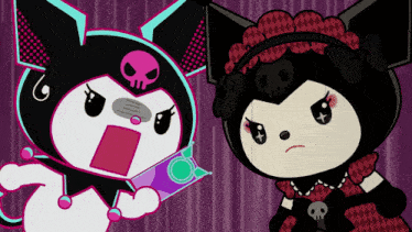 two cartoon characters with skulls on their heads standing next to each other on a purple background