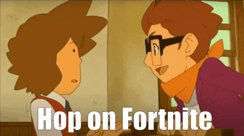 two cartoon characters are standing next to each other and the words hop on fortnite are on the bottom