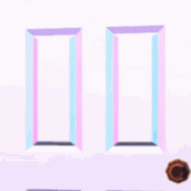 a woman stands in front of a pink and blue door
