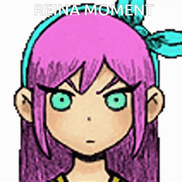 a cartoon girl with purple hair and green eyes has reina moment written on the bottom