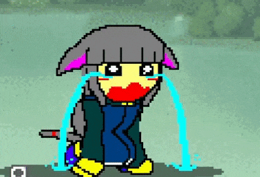 a pixel art of a person crying with blue tears coming out of their mouth .