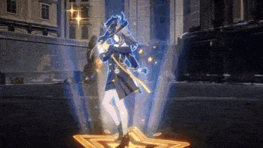 a video game character is standing on a star in the middle of a city .
