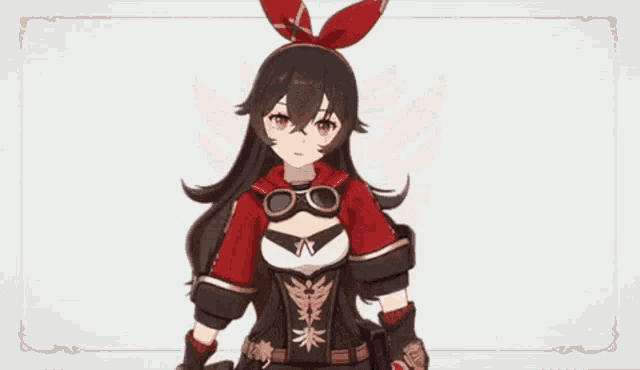 a girl in a red and black outfit is dancing with her arms outstretched and a bow on her head .