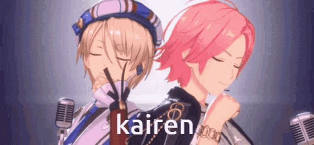 a couple of anime characters standing next to each other with the name kairen on the bottom right