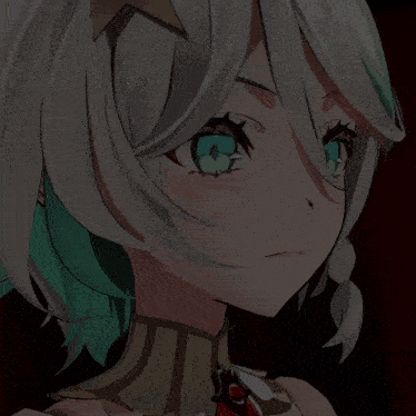 a close up of a girl 's face with white hair and blue eyes