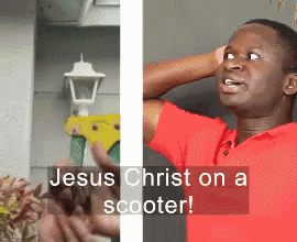 jesus christ on a scooter is written on a picture of a man in a red shirt
