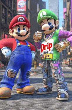 mario and luigi are standing next to each other with drip on their shirt