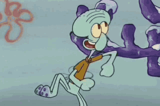 a cartoon of squidward from spongebob squarepants running in front of a purple coral