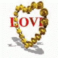 a heart made of gold beads with the word love written in red .