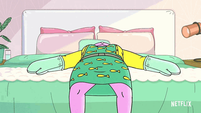 a cartoon of a person laying on a bed with a netflix logo behind them
