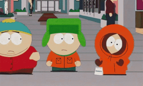 a group of south park characters standing next to each other in a mall