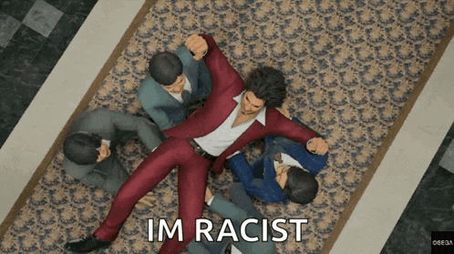 a man in a red suit is laying on the floor surrounded by other men and the caption im racist