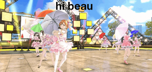 a girl in a pink dress is holding an umbrella in front of the word m beau
