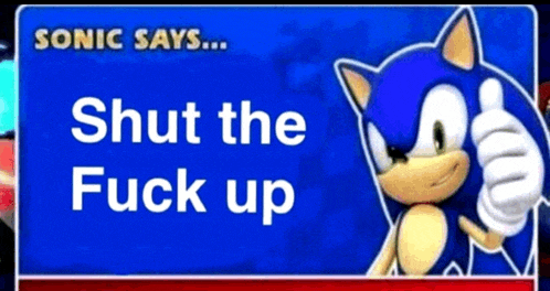 sonic the hedgehog giving a thumbs up with the words " shut the fuck up " below him