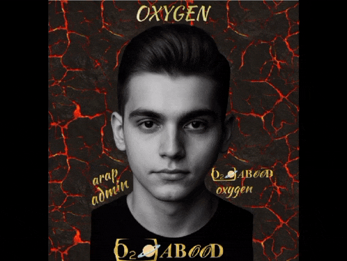 a black and white photo of a young man with the words oxygen written on it