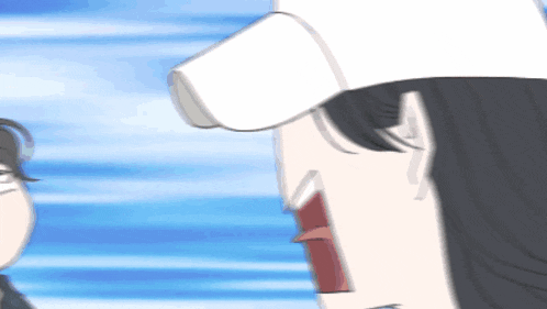 a close up of a cartoon character 's face with a white hat on