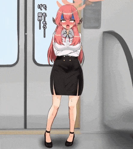 a girl with pink hair is standing in front of a door with chinese writing