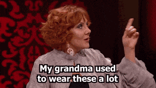 a woman with red hair is saying my grandma used to wear these a lot