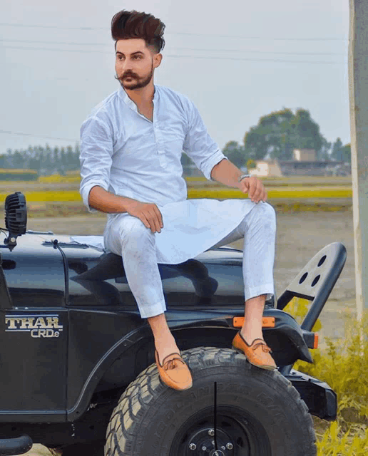 a man sits on the hood of a thar crd
