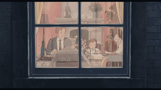 a cartoon drawing of a family sitting at a table looking out a window