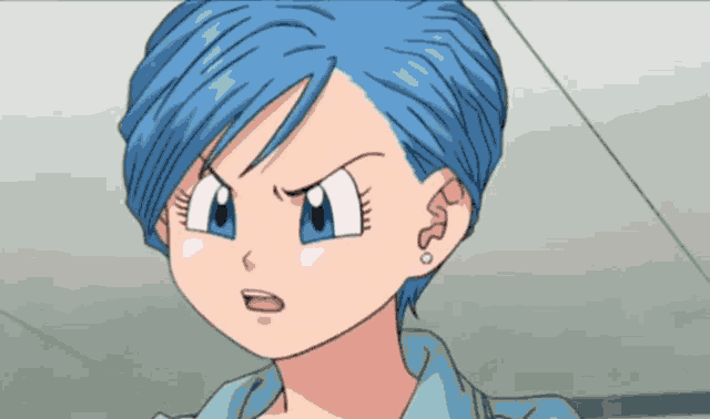 a close up of a cartoon character with blue hair and a question mark on her ear