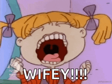 a cartoon girl is screaming with her mouth open and the words `` wifey !!! '' written above her .
