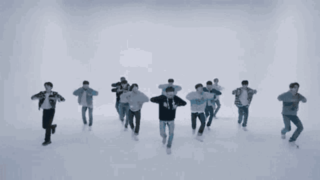 a group of young men are dancing in a line on a stage .
