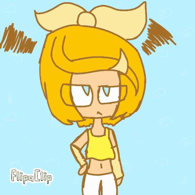 a cartoon drawing of a girl with yellow hair and the words flipa clip on the bottom right