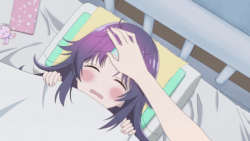 a girl with purple hair is laying in a hospital bed holding her head