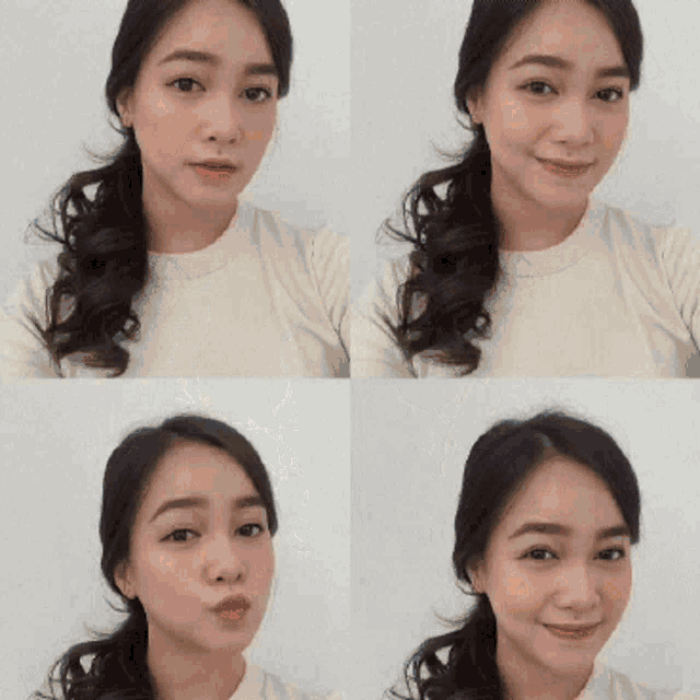 a collage of four pictures of a woman with different expressions