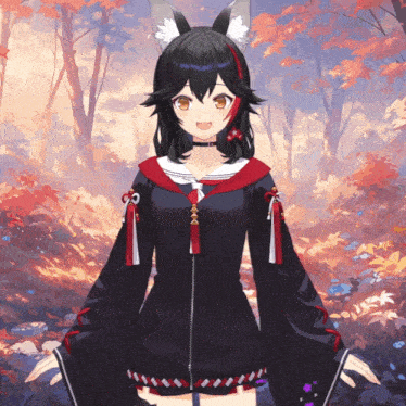 a girl with a fox ear and a black and red outfit