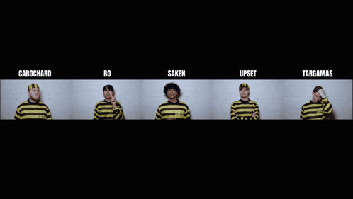 a man in a yellow and black striped shirt with the words cabochard bosaken upset and targamas on the bottom