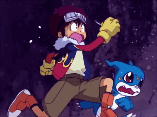 a boy is running with a blue digimon on his back
