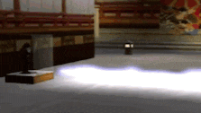 a computer generated image of a room with a statue in the middle