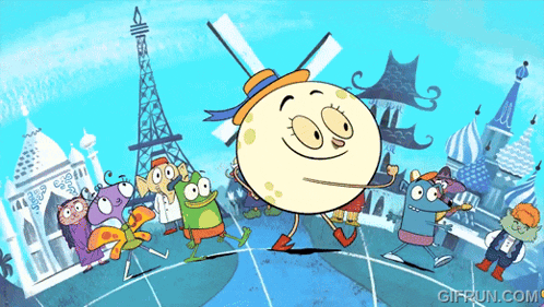a group of cartoon characters are dancing in front of an eiffel tower and the words gifrun.com