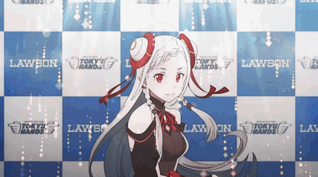 a girl stands in front of a blue and white checkered background that says lawbon