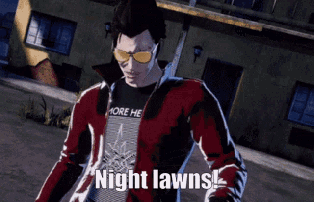 a man wearing sunglasses and a shirt that says more he night lawns is standing in front of a building