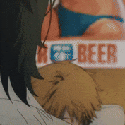a woman in a bikini is laying on a man 's lap in front of a sign that says beer