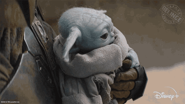 a person is holding a baby yoda with a disney logo in the background