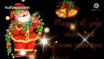 a christmas greeting card with santa claus and bells on a black background