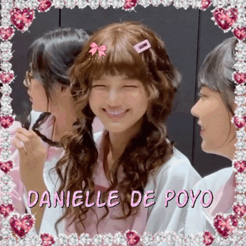 a picture of danielle de toyo is surrounded by pink and white hearts
