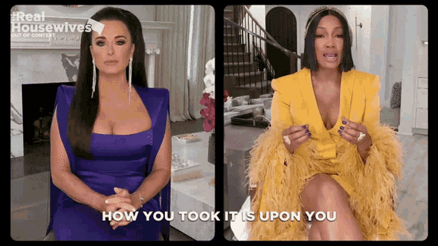 two women are sitting next to each other with the words how you took it is upon you on the bottom
