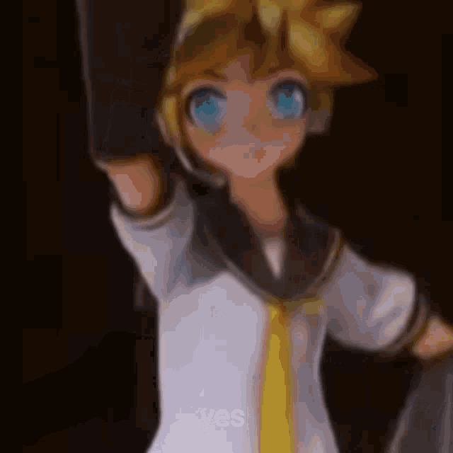 a blurry picture of a anime character with blue eyes holding a sword and says yes .