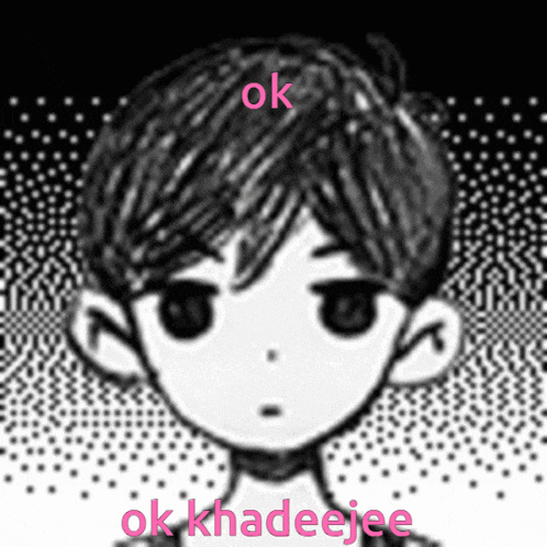 a black and white drawing of a boy with the words ok khadeejee below it
