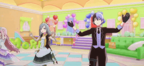 a boy and a girl are dancing together in a room with balloons .