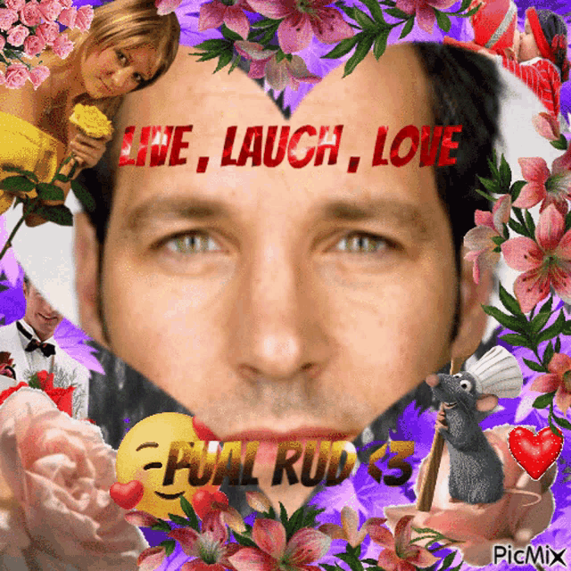 a picture of a man surrounded by flowers with the words live laugh love