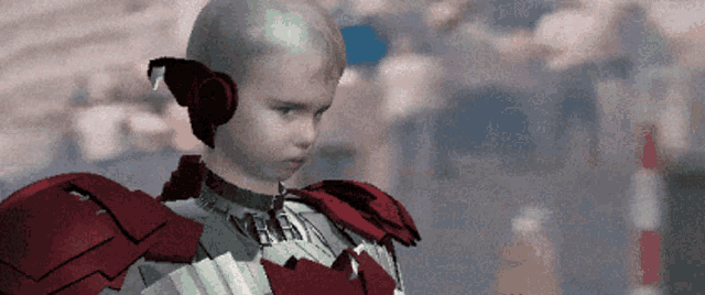 a computer generated image of a child wearing a red armor