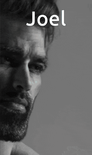 a black and white photo of a man with the name joel above his head