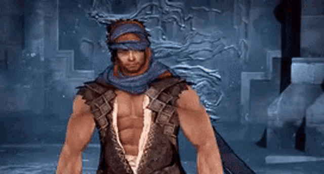 a muscular man wearing a blue turban is standing in a video game .