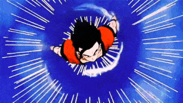 a cartoon character is flying through a blue circle with white lines